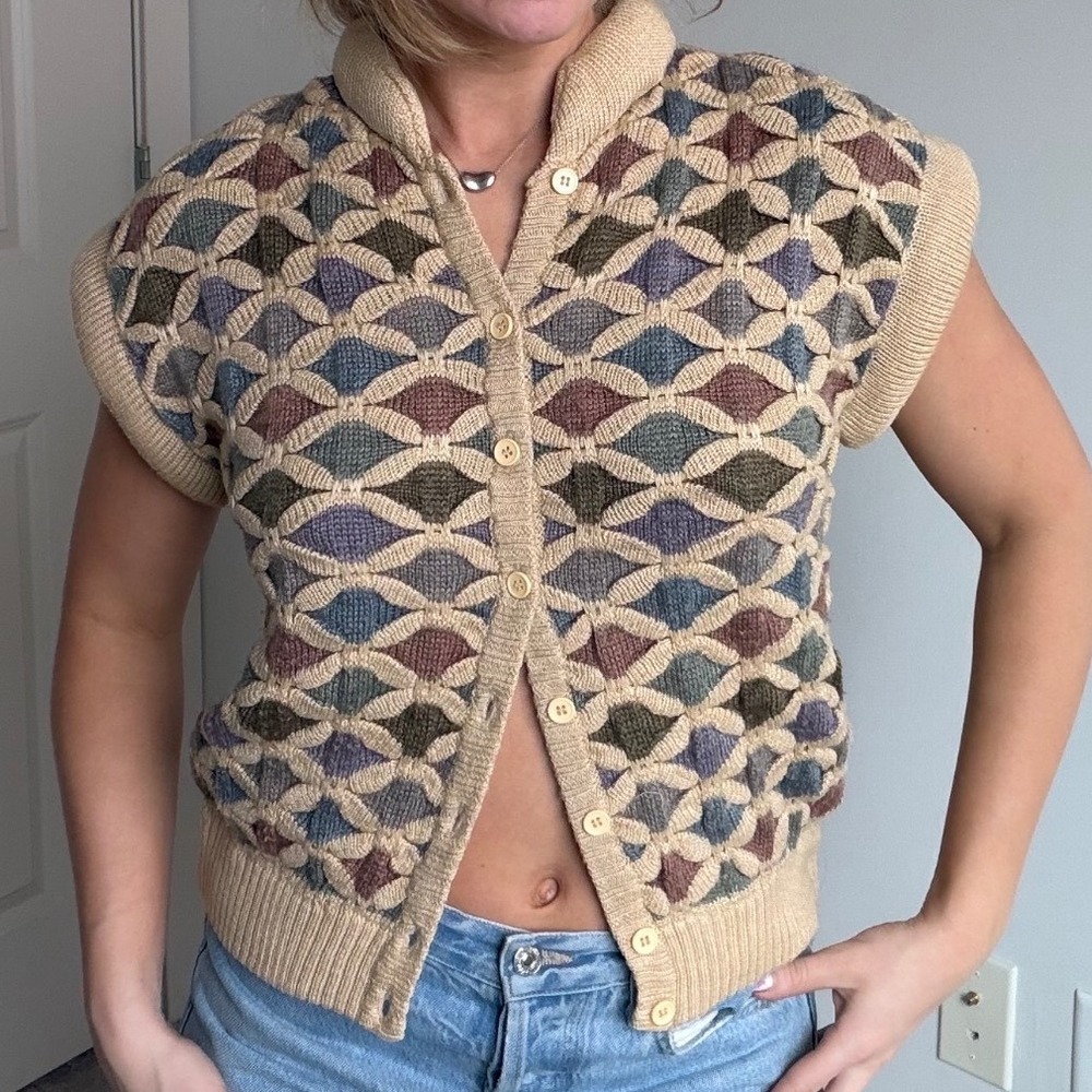 Vintage Geometric‎ Knit Button Front Sleevless Sweater Size Medium